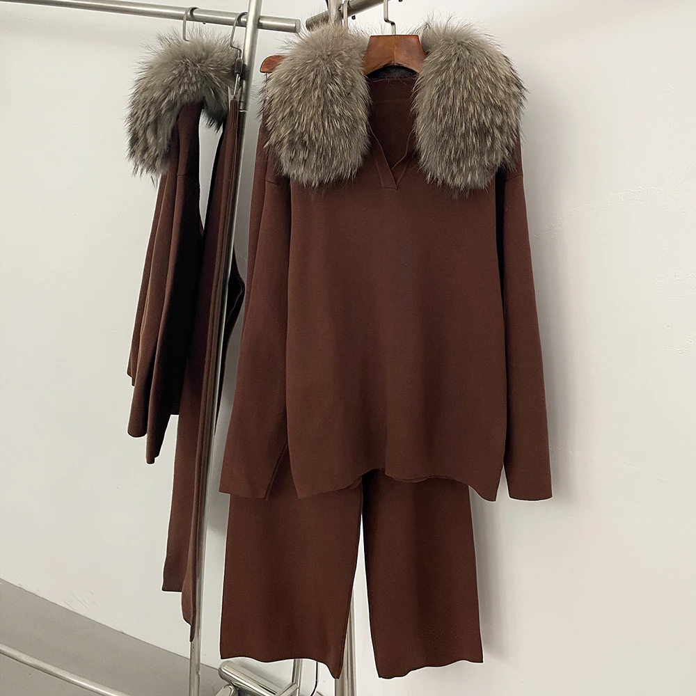 Conjunto de Jersey y chaqueta de piel de realidad para mujer, traje de punto para primavera, suéter con cuello de piel de zorro Real para mujer, tejido de otoño nuevo
