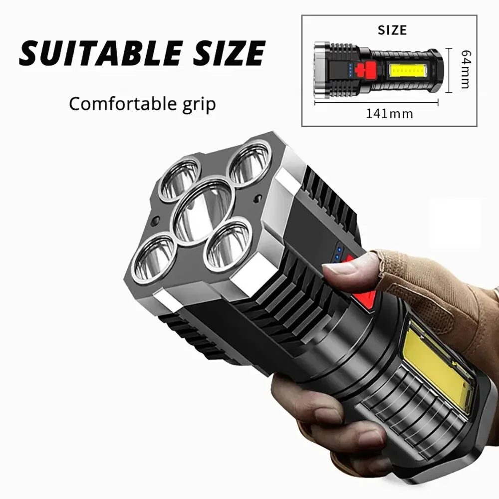Linternas Led de alta potencia de 5LED, foco recargable para acampar con luz lateral, 3 modos de iluminación para acampar, aventura al aire libre