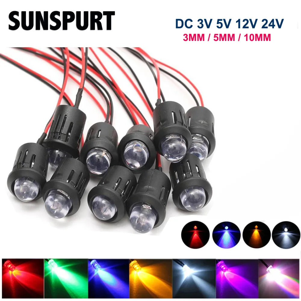 20-100 Uds 3mm/5mm/10mm rojo/verde/azul/RGB blanco UV DC12V 5V 24V LED redondo precableado transparente de agua con soporte de plástico