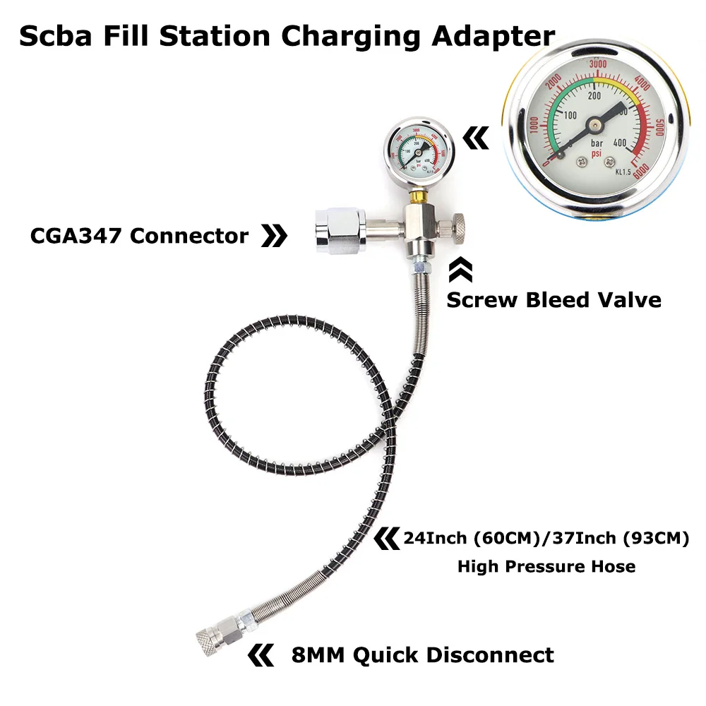 Adaptador de Carga para Estación de Llenado de SCBA CGA347 SCOTT MSA con Manómetro y Desconexión Rápida