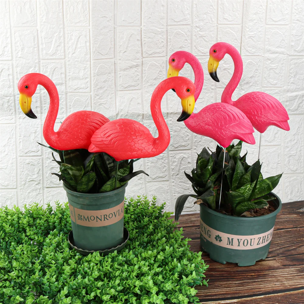 Mini rosa rojo pequeño flamenco de plástico decoración de patio pájaro césped jardín estaca estatua figuritas ornamento maceta