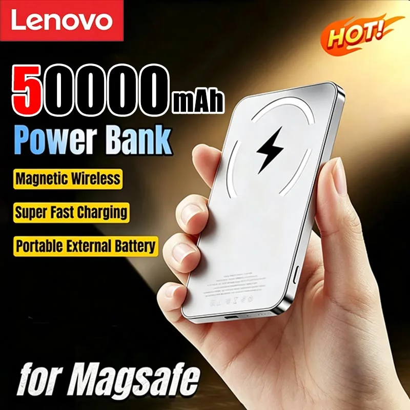 Batería Externa Magnética Lenovo de 50000mAh, Cargador Inalámbrico de Carga Súper Rápida para Magsafe, para iPhone 17/16/15/14/13