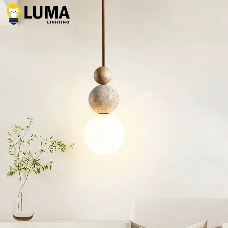 Luma-luces colgantes de travertino amarillo estilo crema, lámparas colgantes de madera de piedra natural para dormitorio, mesita de noche, restaurante, isla de cocina