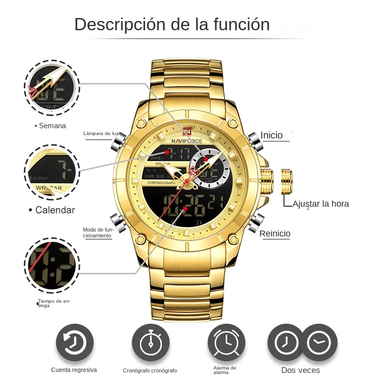 NAVIFORCE 9163 reloj de pulsera deportivo Original de lujo para hombres de cuarzo de acero resistente al agua con pantalla Dual relojes militares reloj Masculino