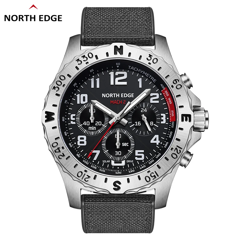 Reloj NORTH EDGE 2025 MACH 2 para Hombre, Energía Solar, Caja de Acero Inoxidable 316, Reloj de Cuarzo, Piloto, Resistente al Agua 50M, Cronómetro