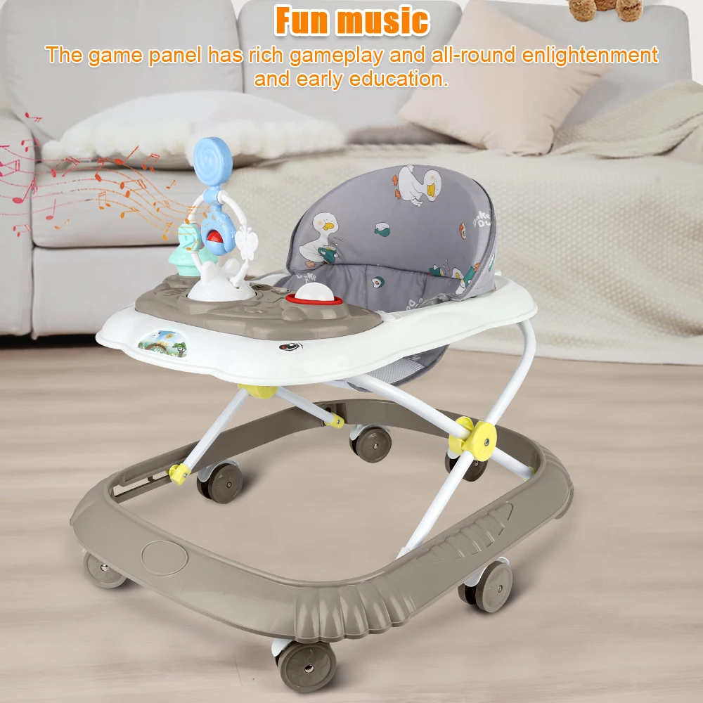 Andador Plegable para Bebés, con Centro de Actividades, Altura Ajustable, Cojín de Asiento Extraíble, a partir de 6 Meses, Gris/Caqui/Negro