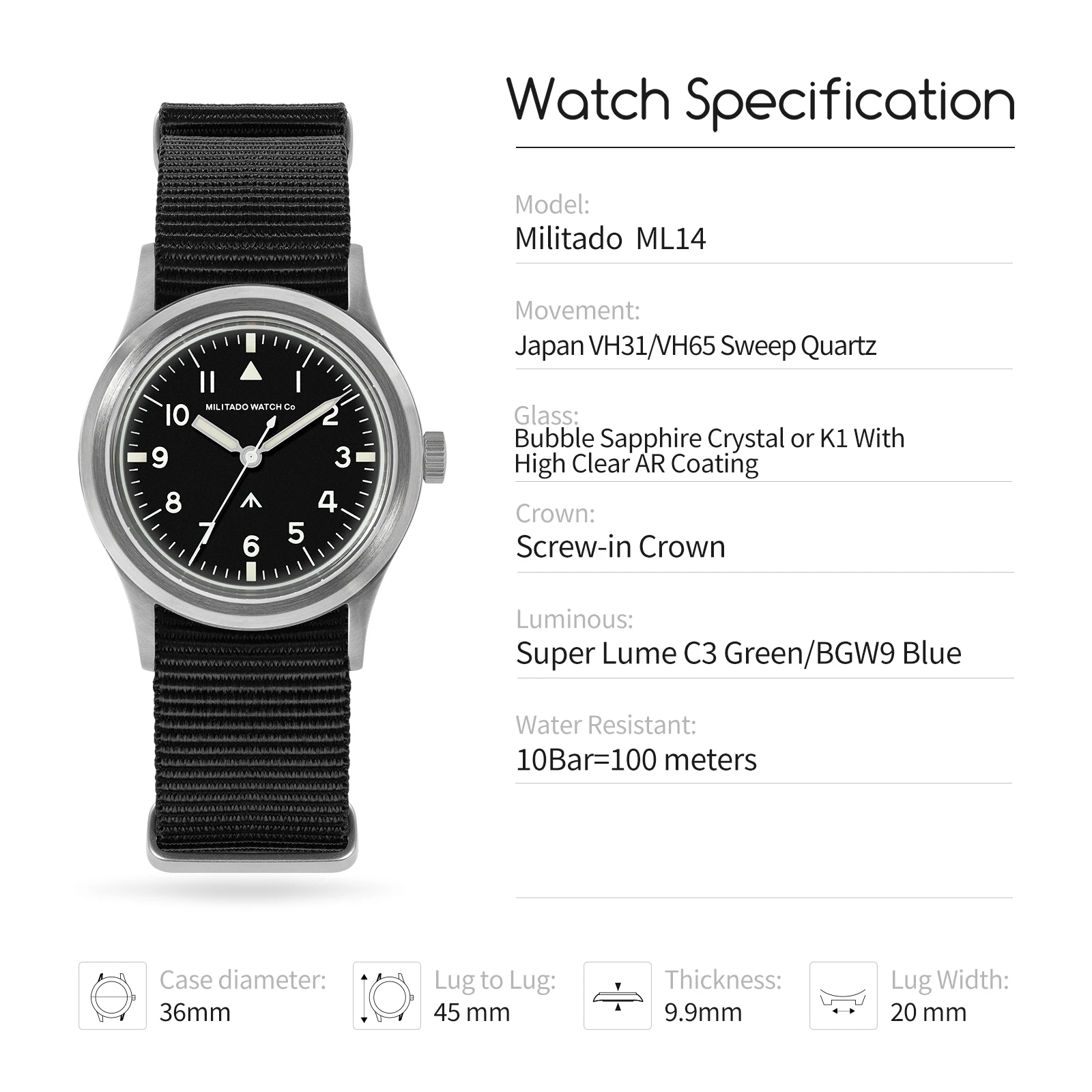 Reloj Militado ML14 de 36mm VH31 barrido segundo movimiento de cuarzo reloj cristal de zafiro superluminoso BGW9 C3 100m relojes impermeables