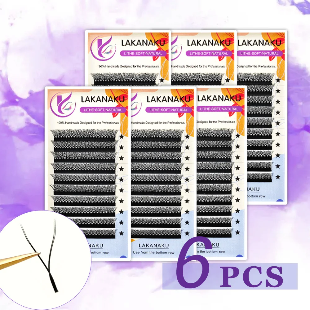LAKANAKU 6 bandejas/set Extensiones de pestañas YY Fio, Pestañas YY de volumen natural suave, Abanicos prefabricados brasileños, Cilios