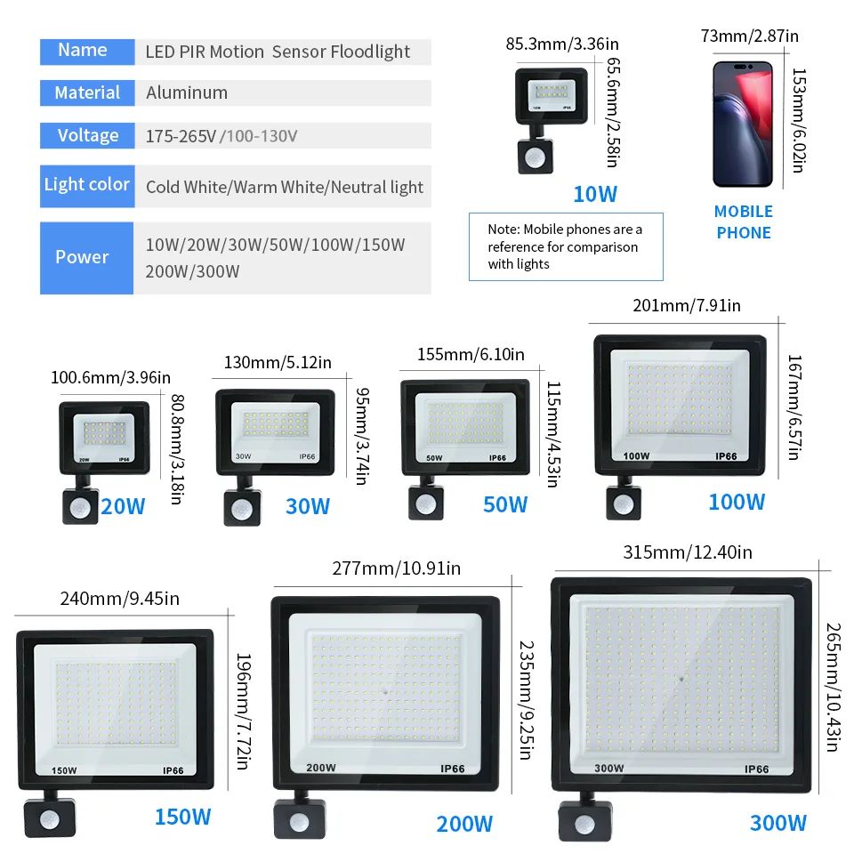 Reflector LED con Sensor de movimiento, foco Exterior impermeable, lámpara de pared, AC220V, AC110V, 10W-300W