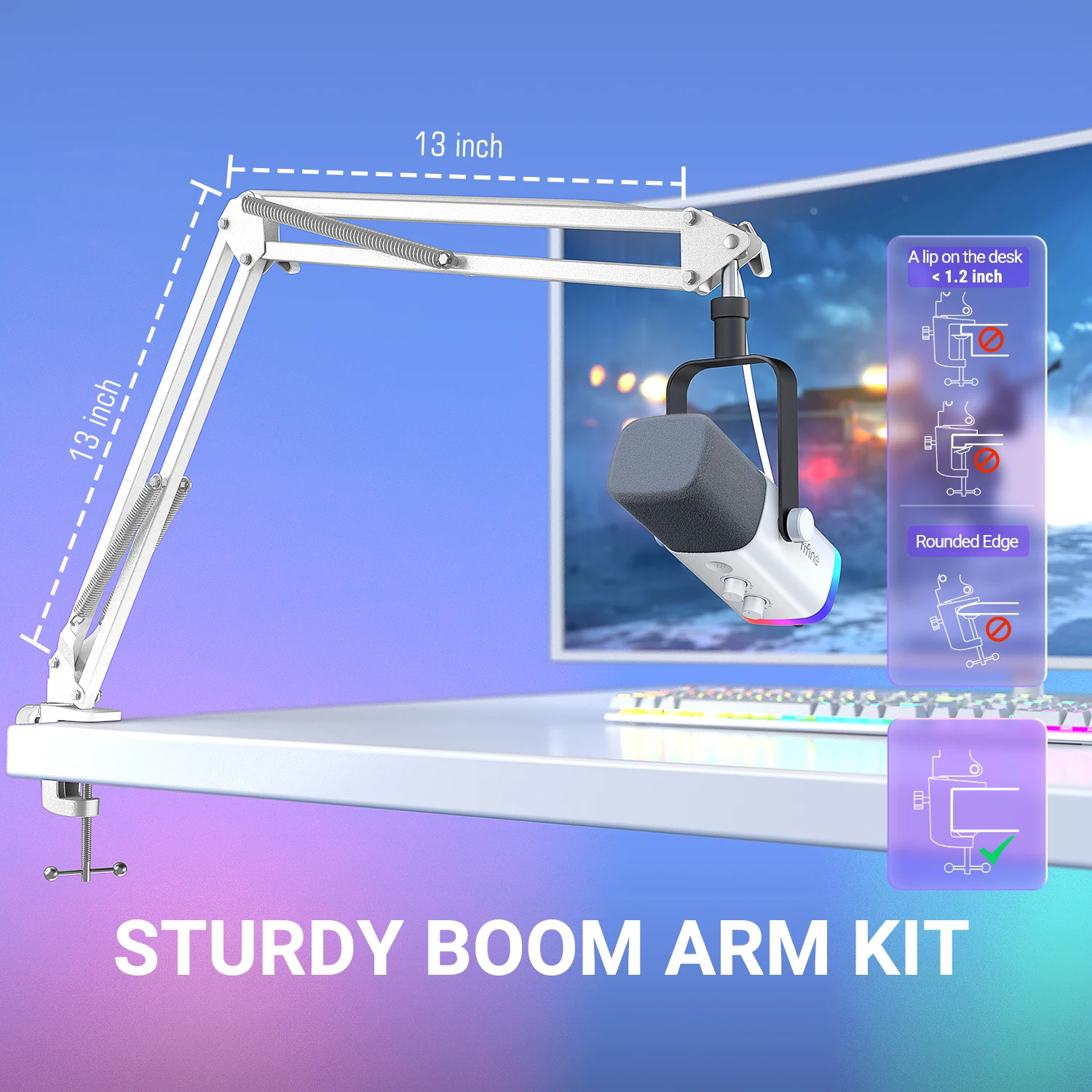 FIFINE Kit de micrófono para juegos USB/XLR con conector para auriculares/RGB/Boom Arm, juego de micrófono dinámico para PC PS5/4 Mezclador AmpliGame White-AM8TW
