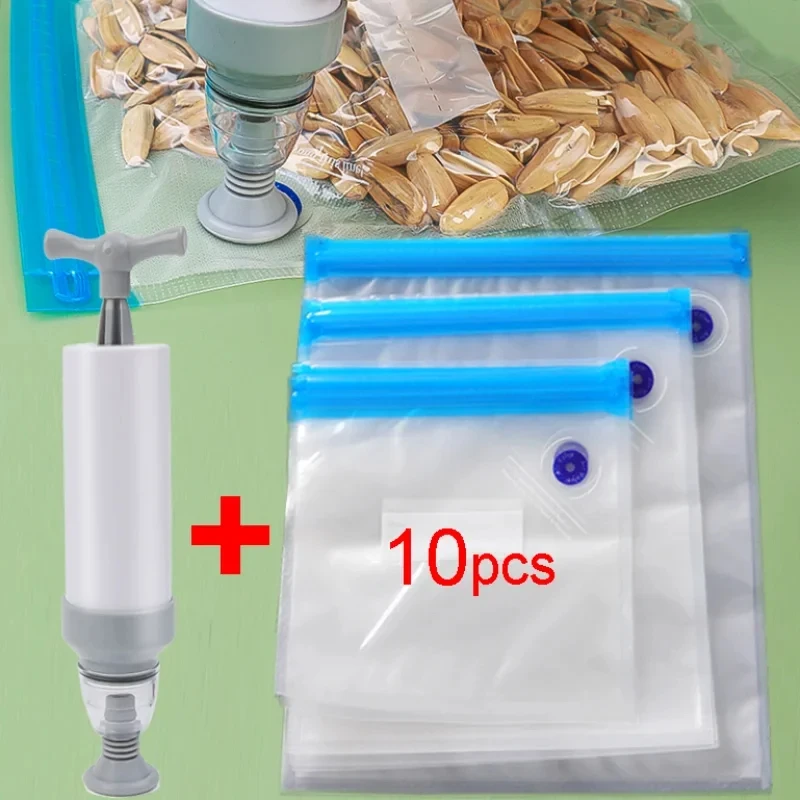 Bolsas selladoras al vacío reutilizables, bolsa de almacenamiento de alimentos, bolsa selladora de alimentos para verduras al vacío para el hogar con Clips de sellado de bomba manual, 5/10 Uds.