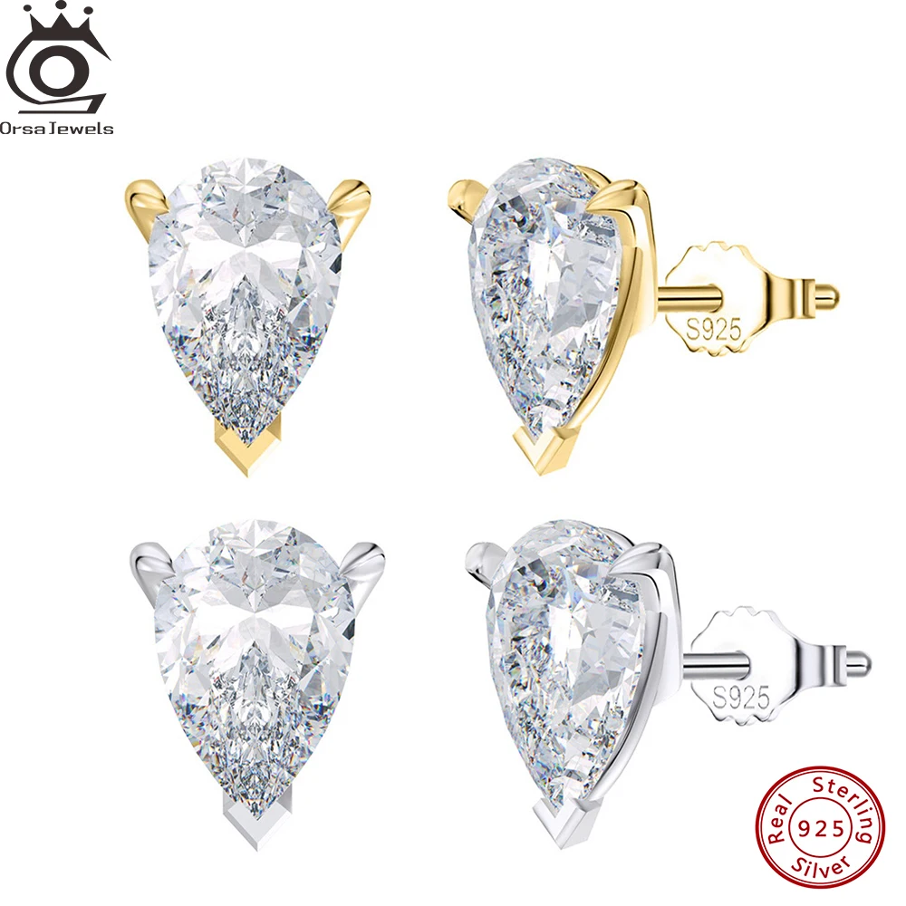 ORSA JEWELS Pendientes tipo botón de plata fina 925 con piedra de circón cortada en forma de gota de agua, joyería elegante e atemporal para mujer LZE02