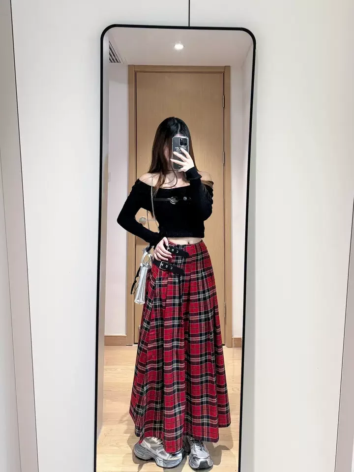 Falda larga acampanada a cuadros rojos Retro francés para mujer, faldas plisadas rectas de cintura alta de longitud media, ropa de calle Y2k para primavera