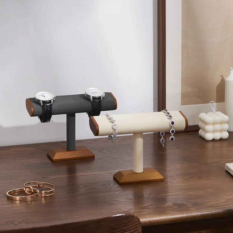 Oirlv estante de almacenamiento de relojes de madera, soporte de exhibición de relojes con barra en T, soporte organizador de joyas para reloj, pulsera, mesa, almacenamiento de joyas