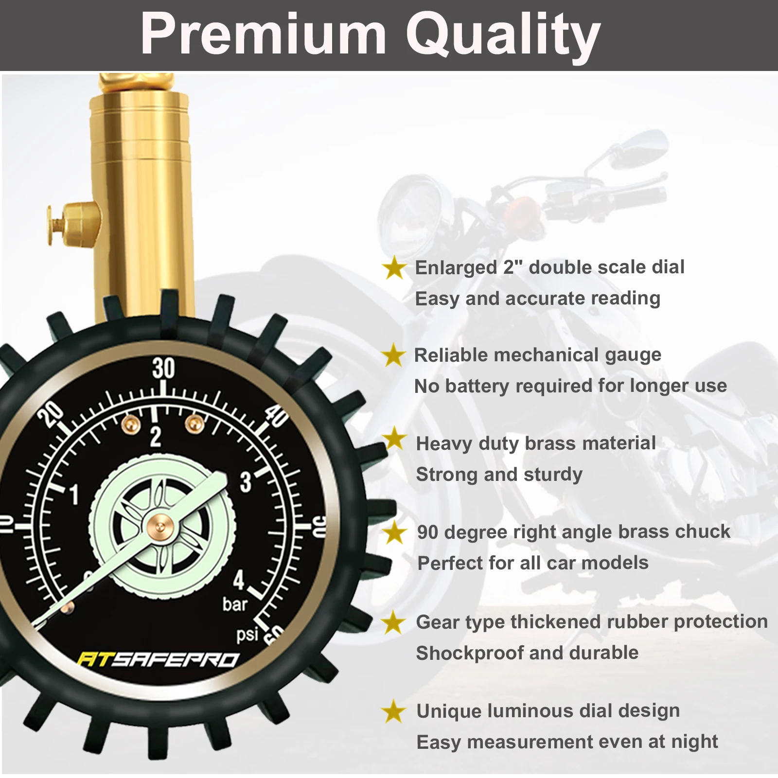 ATsafepro-medidor de presión de neumáticos de motocicleta, Portabrocas profesional de latón de 60 PSI y 90 grados, Portabrocas de ángulo recto para coche, bicicleta y SUV