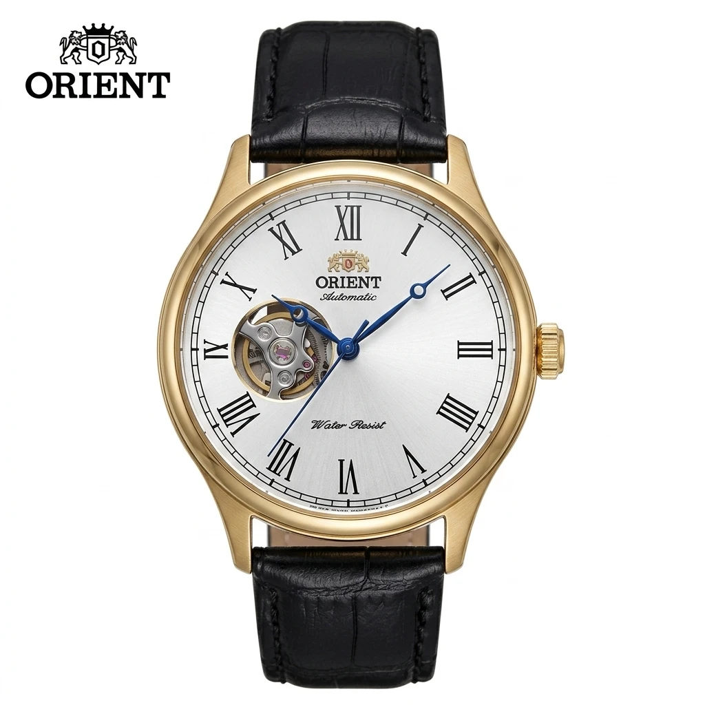 Reloj Mecánico Automático de Negocios para Hombre Orient, Esfera Esqueletizada con Números Romanos, Correa de Cuero