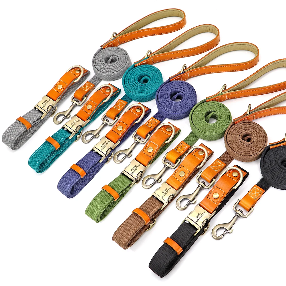 Collar de nailon personalizado para perro y cachorro, conjunto de correa de cuero genuino personalizado, placa de identificación para mascotas, accesorios, collares, productos para mascotas Perro