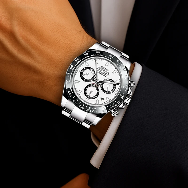 Reloj de cuarzo multifuncional moderno de acero inoxidable plateado para hombre con pantalla de puntos y líneas