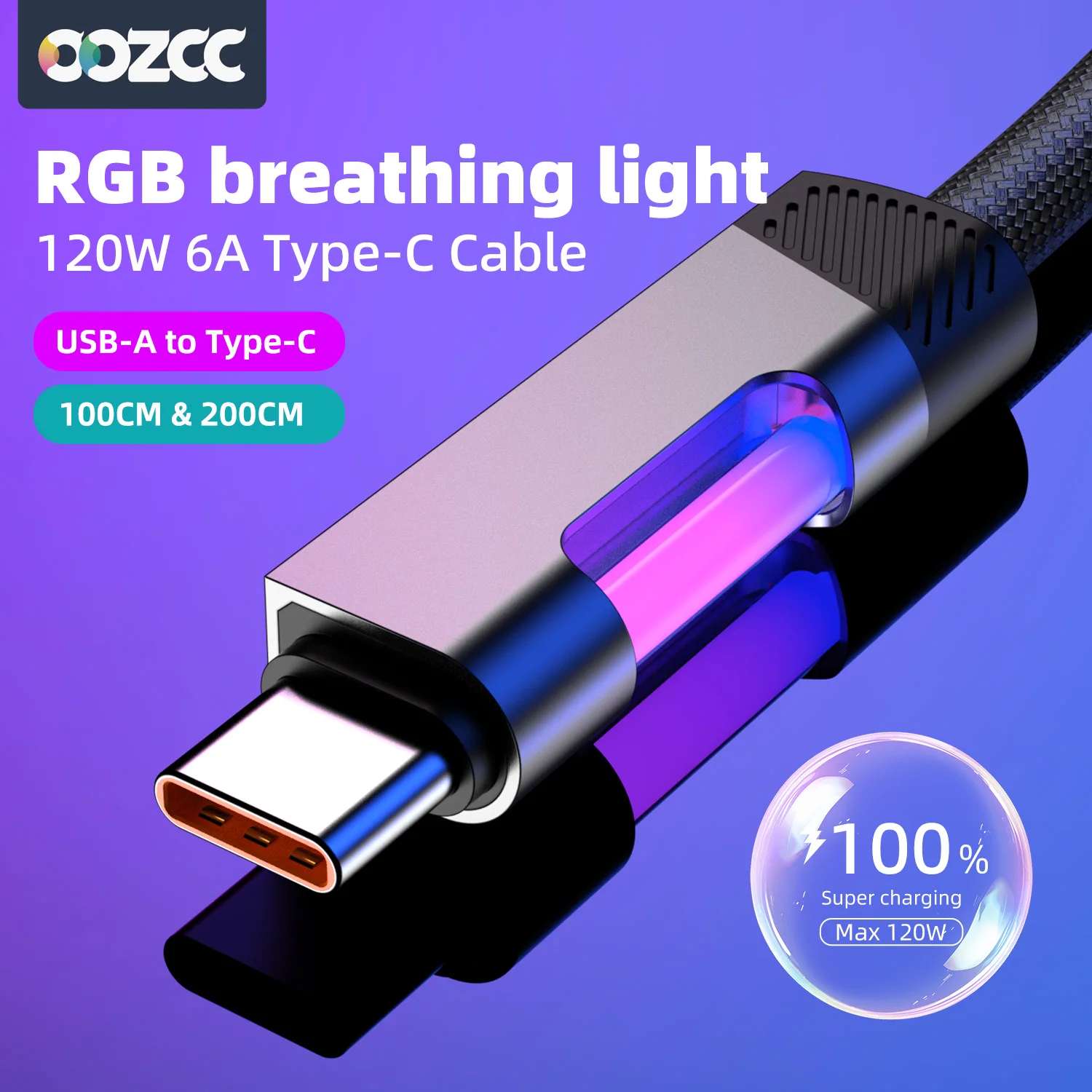 Cable de carga rápida RGB 120W 6A Cable de carga USB tipo C con luz ambiental RGB