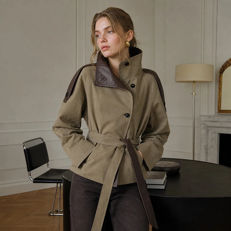 Gabardina Corta para Mujer, de Piel Sintética, con Hombreras Empalmadas, Cinturón en la Cintura, Corte Holgado, Color Caqui, Chaqueta Corta Vintage 2026, Ropa Exterior para Damas