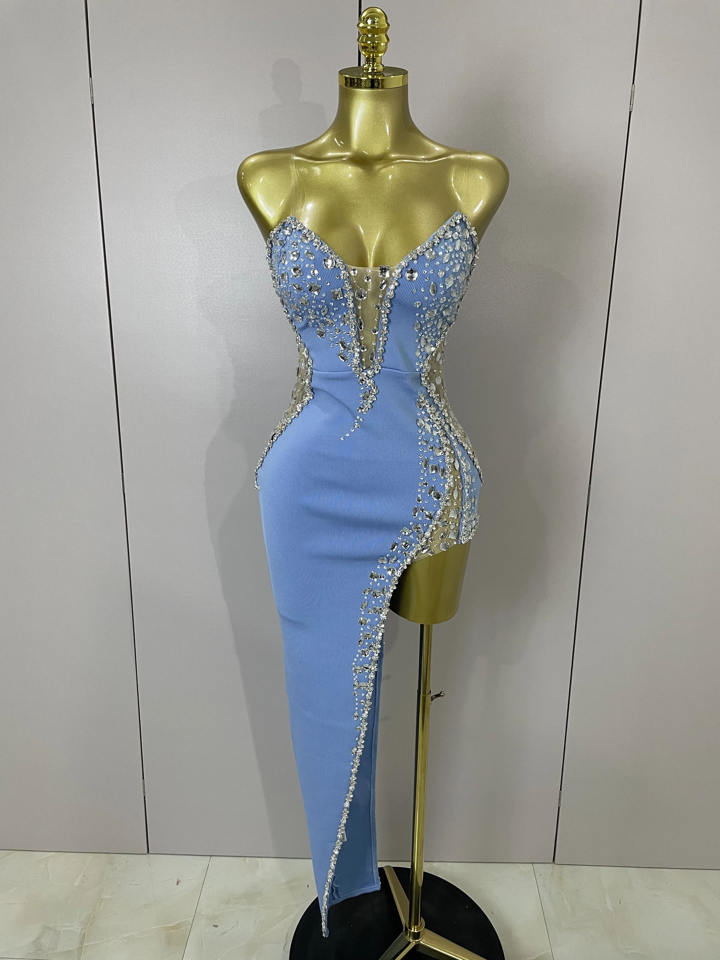 Lo más nuevo, Vestido largo sexi de alta calidad sin tirantes con diamantes de imitación brillantes, Vestido ceñido al cuerpo para mujer, Vestido de fiesta de noche a la moda para celebrar