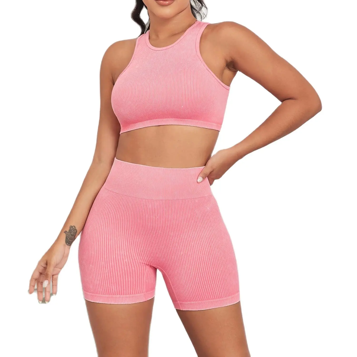 CHRLEISURE-traje de Yoga acanalado lavado para mujer, chaleco deportivo sin almohadilla con pantalones cortos de ciclismo, conjunto deportivo elástico ajustado, 2 uds.