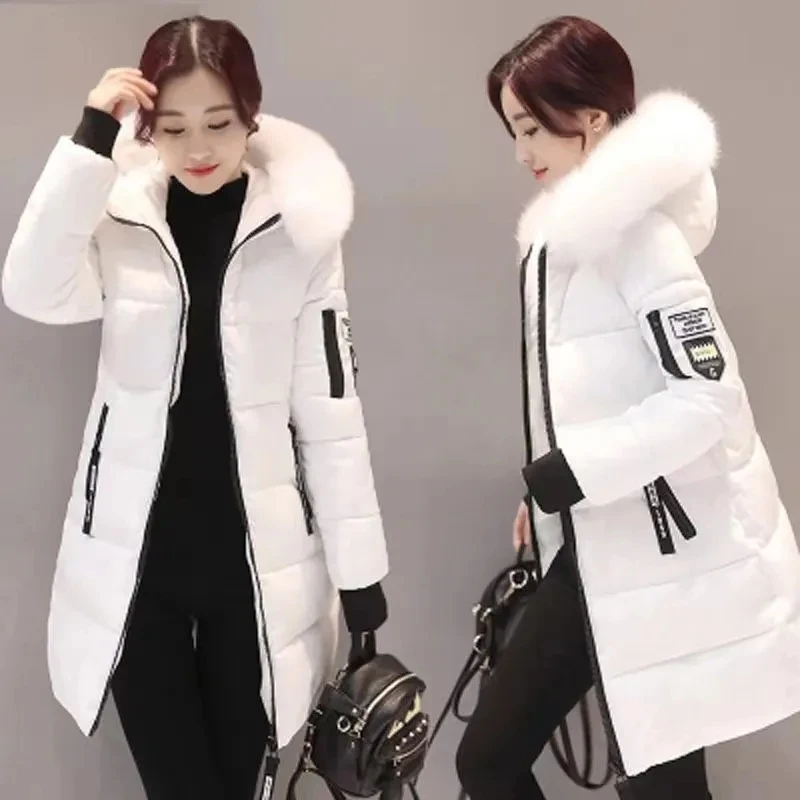 Abrigo de algodón coreano nuevo de invierno 2026 para mujer, chaqueta de longitud media con cuello de piel grande, abrigo grueso y cálido con capucha para mujer