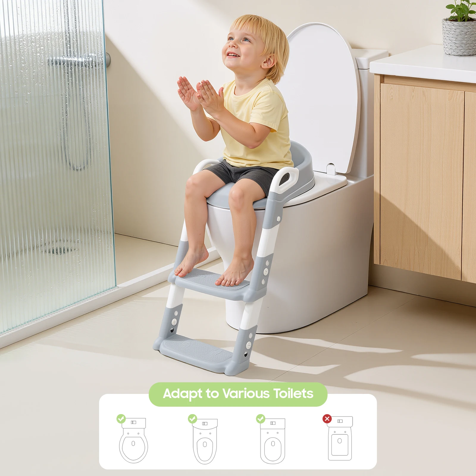 Asiento de Inodoro Plegable para Niños con Escalón, Asiento de Inodoro Ajustable de 6 Niveles para Niños Pequeños con Pedales Antideslizantes para Inodoros en Forma de V/U/O