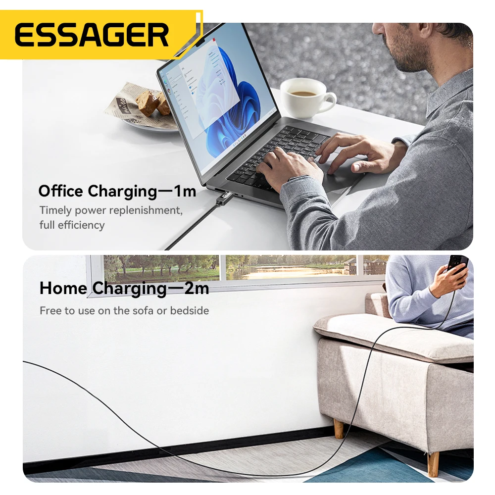 ESSAGER 100W Cable tipo C a C con pantalla Digital PD Cable de carga rápida para MacBook Pro/Air iPhone 16/15/14 iPad Cable USB C