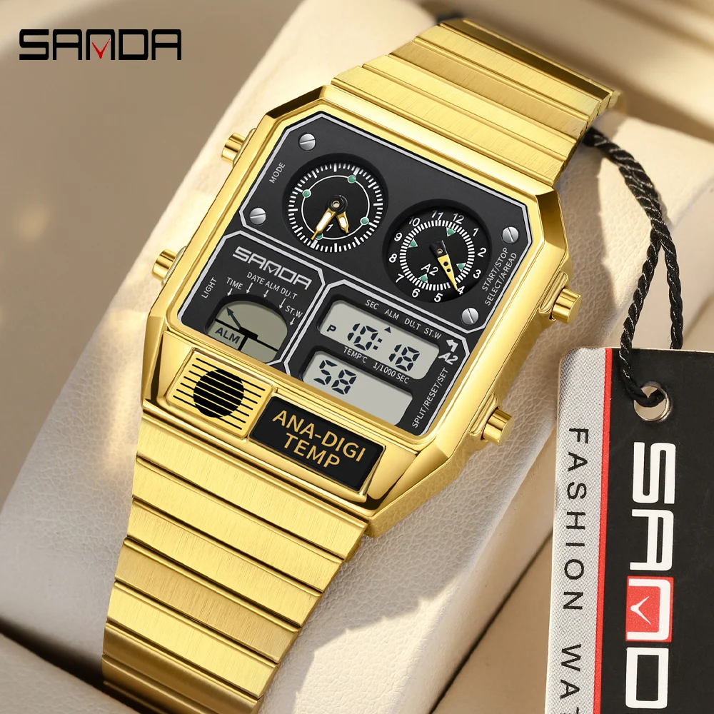 Reloj electrónico SANDA para hombre, reloj de pulsera Digital con banda cuadrada de acero, cronómetro de medición de temperatura, reloj multifuncional con sincronización