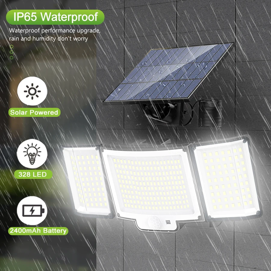 Lámpara Solar de 348 LED, Luz de Seguridad para Exteriores con Sensor de Movimiento, Impermeable, Foco Solar Potente de 126/328 LED para Jardín y Garaje
