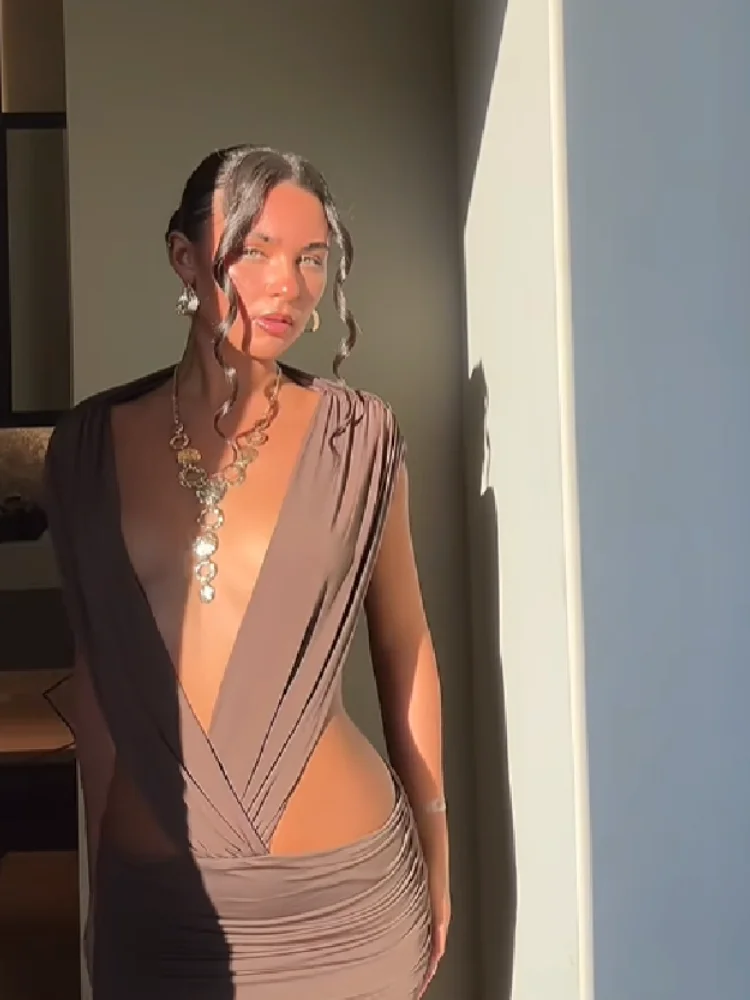 Vestido Maxi Bodycon Chic sin Espalda con Escote en V Profundo y Aberturas en la Cintura para Mujer 2026, sin Mangas, Fruncido, para Fiesta, Club o Noche