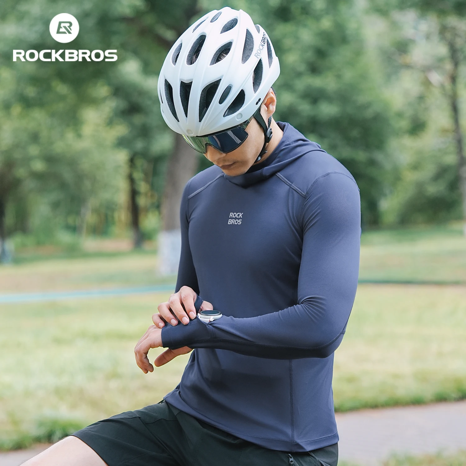 ROCKBROS-Camiseta de ciclismo de verano, transpirable, de secado rápido, con capucha, manga larga, para bicicleta de montaña y carretera, Anti-UV