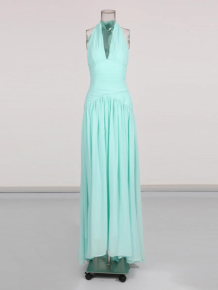 TWOTWINSTYLE, vestidos elegantes lisos adelgazantes con pliegues empalmados para mujer, vestido largo de cintura alta sin mangas con cuello Halter, ropa femenina nueva