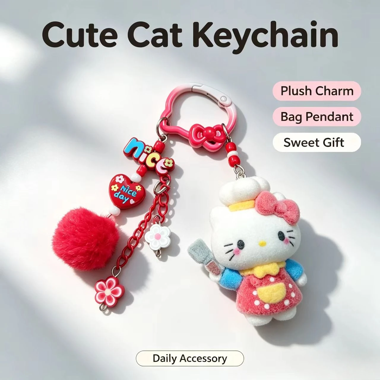Llavero de moda con diseño de gato flocado, figura de chef adorable, accesorio para bolso, colgante de pompón, llavero de moda para mujer, regalo