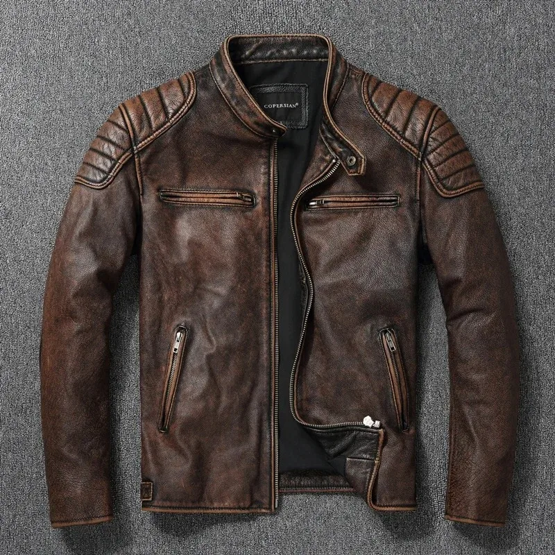 Nueva chaqueta de cuero de vaca de 100%, ropa de capa superior para hombre, ropa de motocicleta con cuello levantado para hombre, ropa de motocicleta de talla grande para Otoño e Invierno