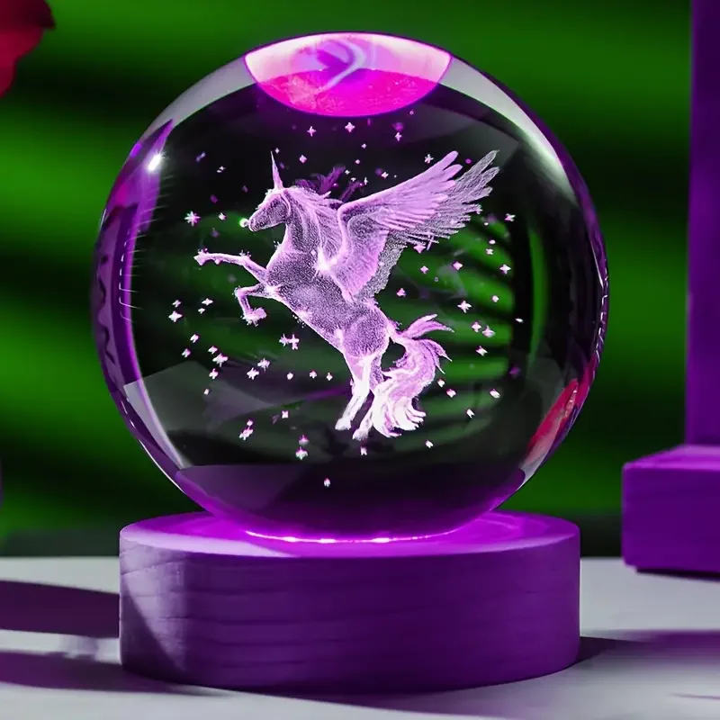 1 bola de cristal tallada con láser 3D de unicornio con portalámparas LED de color madera, decoración del hogar, novia, colega, nacimiento de esposa