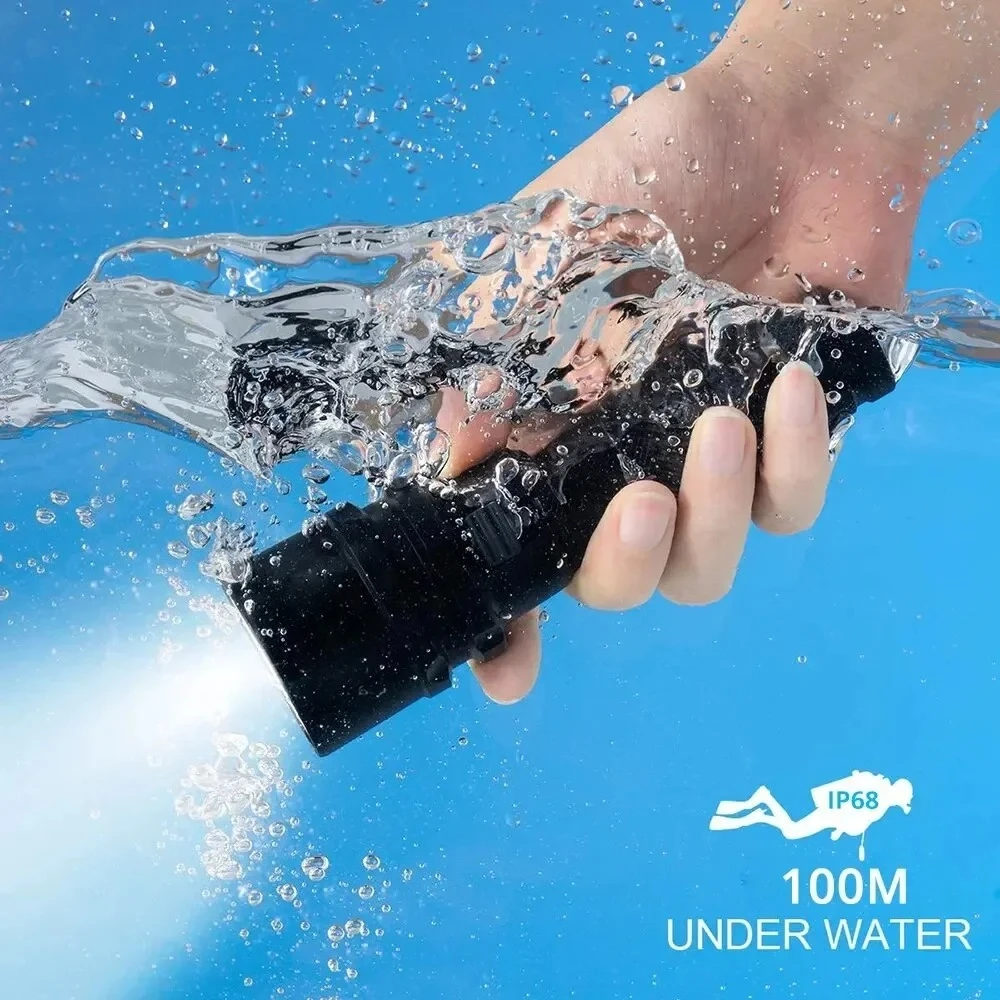 Linterna de Buceo de Alta Potencia con Clasificación de Impermeabilidad IP68, Linterna de Buceo Profesional Alimentada por Batería 18650 con Correa de Mano