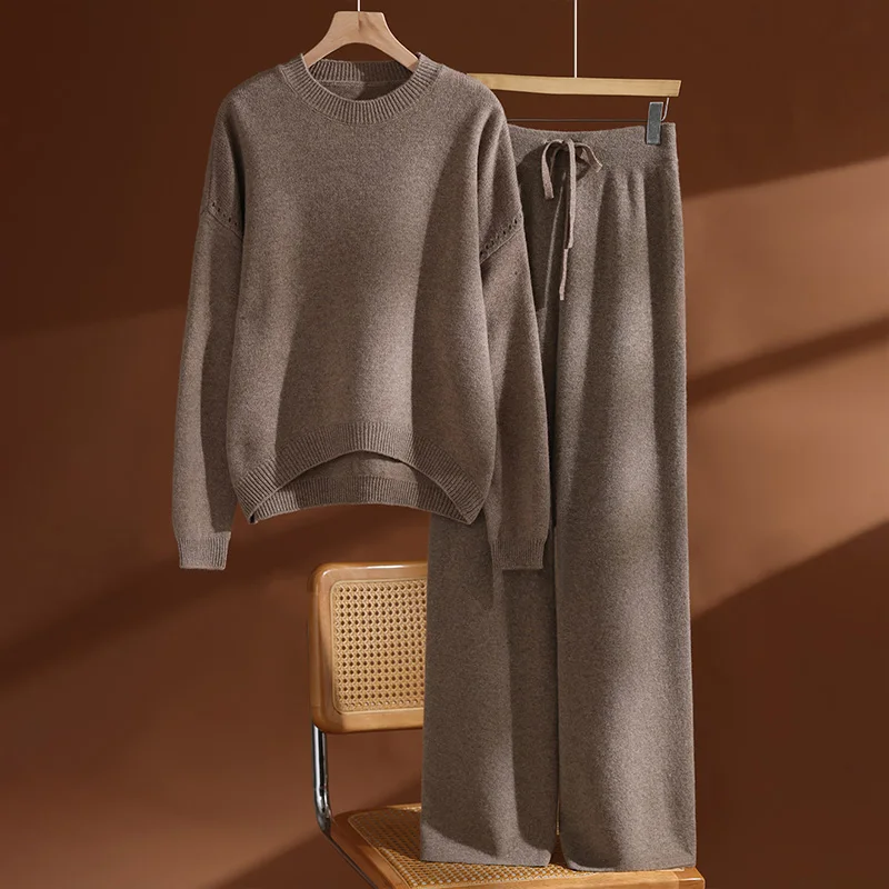 Conjunto de lana de 100% para mujer, jersey con cuello redondo, pantalones de pierna ancha, suéter de Cachemira liso holgado y grueso para otoño e invierno, pantalones de punto, traje