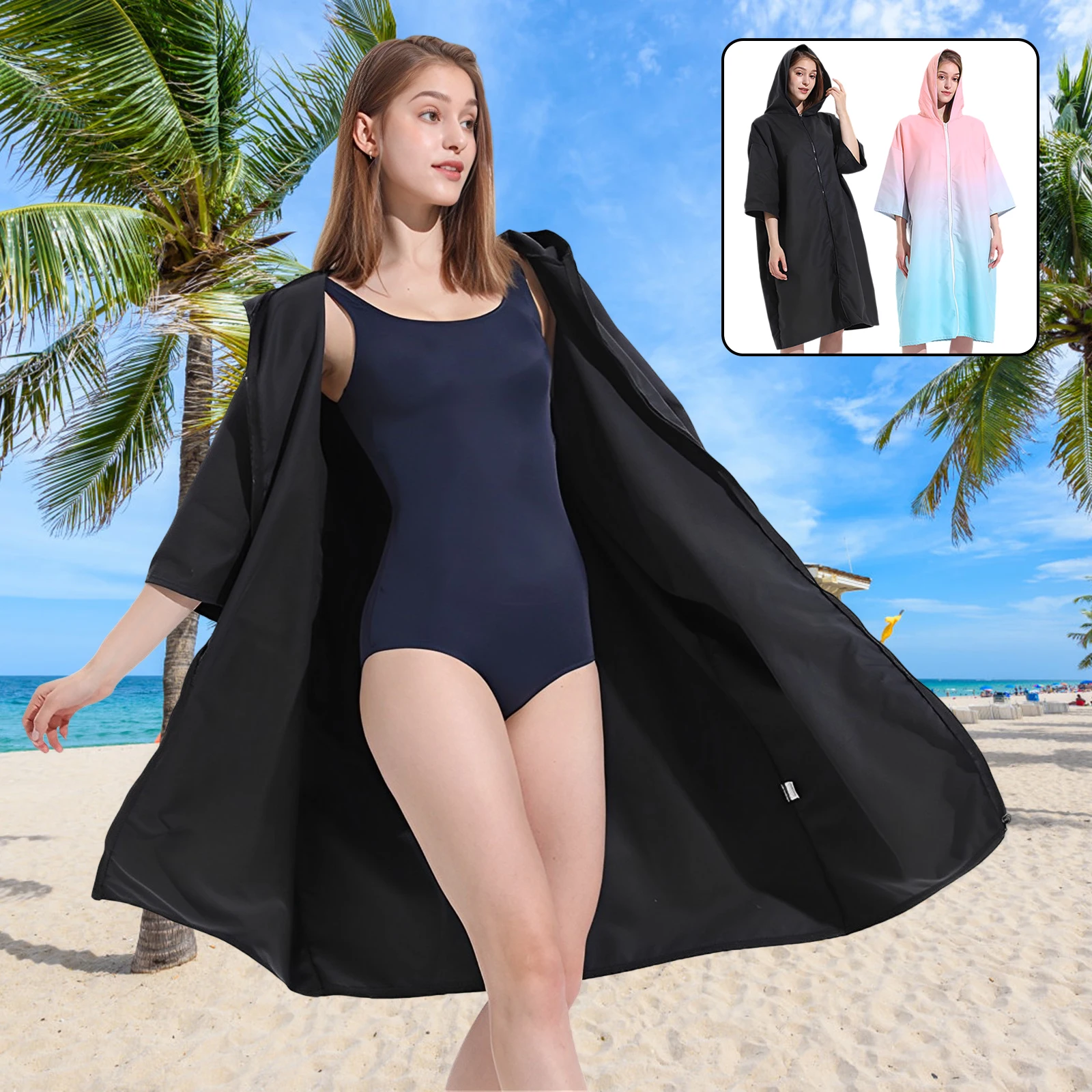 Bata cambiante con capucha, Poncho de toalla de microfibra con cremallera, Poncho de Surf de manga corta, bata de toalla cambiante de gran tamaño de secado rápido, nuevo