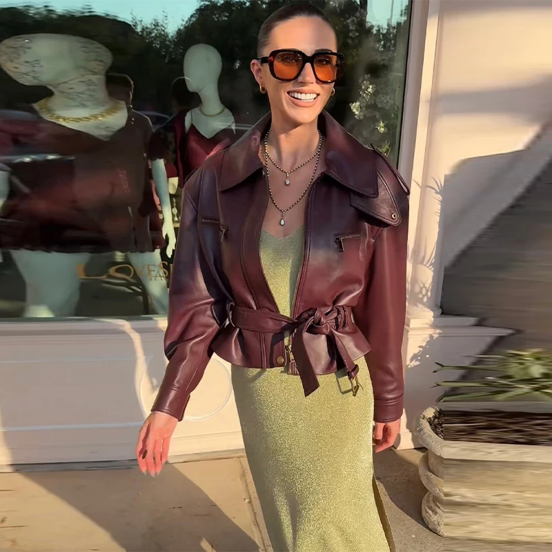 Chaqueta de cuero Vintage para mujer, abrigo corto con bolsillo y cuello levantado, prendas de vestir con cremallera en la cintura Retro, nuevas chaquetas de Otoño Invierno 2025
