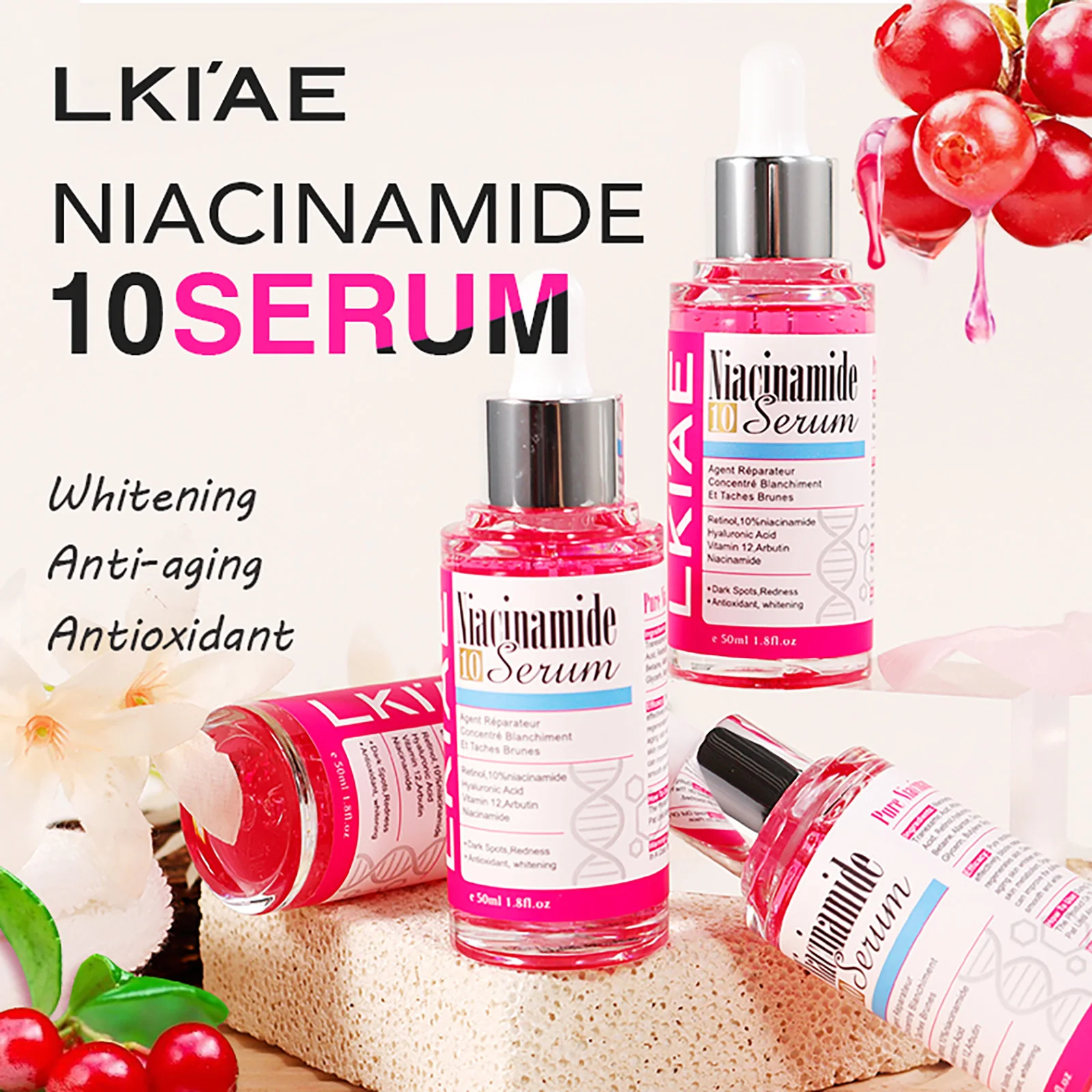 LKIAE Esencia Blanqueadora de Nicotinamida, Antiarrugas, Antimanchas, Con Ácido Hialurónico, Suero Hidratante Para Rostro y Cuerpo