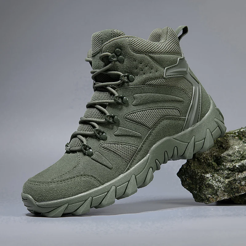 HIKEUP-Botines de cuero para hombre, botas de invierno de diseñador de marca, zapatos tácticos de senderismo, zapatillas de seguridad para el trabajo, Ejército