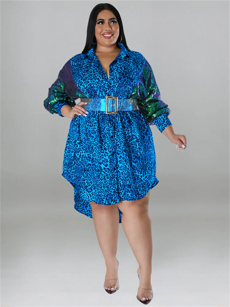 Wmstar-Vestidos de Fiesta de talla grande para mujer, manga de lentejuelas, retales de leopardo, Vestido camisero Midi elegante, venta al por mayor, envío directo con cinturón