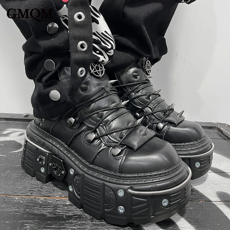 GMQM 2025, botines de plataforma plana para mujer, estilo Rock Punk, zapatillas de deporte negras de tacón alto, botines de suela gruesa con punta redonda, decoración de Metal Y2k