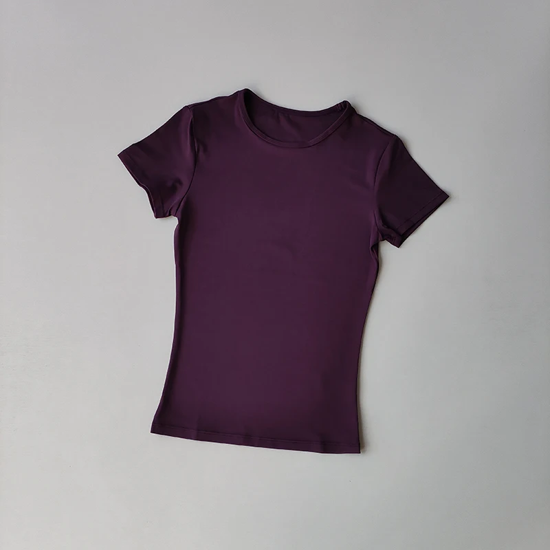 Ropa de Yoga de Color sólido con detección desnuda para mujer, camiseta ajustada elástica de secado rápido de manga corta, ropa deportiva, ropa superior
