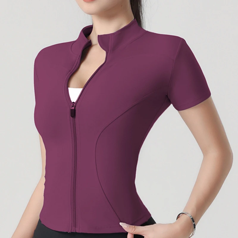 Chaqueta de Yoga para Mujer, Chaqueta Deportiva Ajustada de Manga Corta con Cuello Alto, Chaqueta Deportiva Elástica de Manga Corta para Fitness