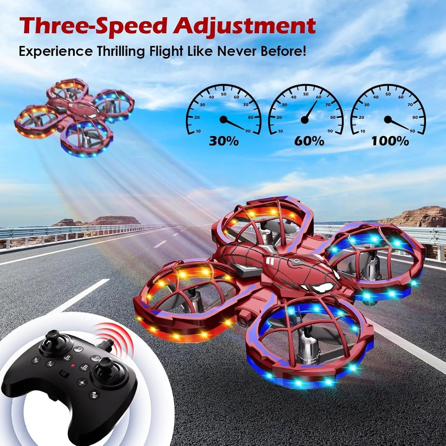 Mini Spider Drone Modos de 3 velocidades Rojo, Evitación de obstáculos, Modo sin cabeza, Entrenamiento de vuelo para principiantes, Juguete de regalo para niños