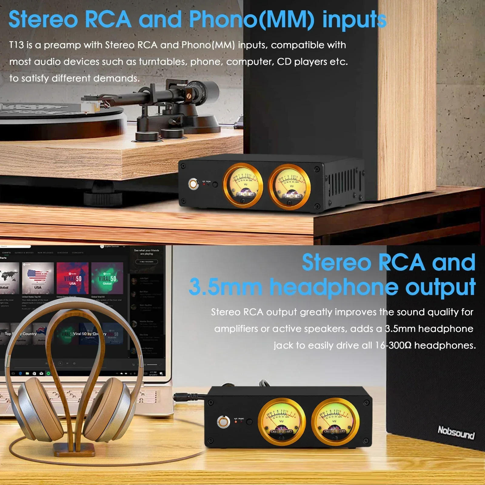 Douk Audio-Mini preamplificador de Audio T13 para tocadiscos, amplificador de auriculares de escritorio, reproductores de grabación, preamplificador con medidor de VU Dual, para el hogar MM