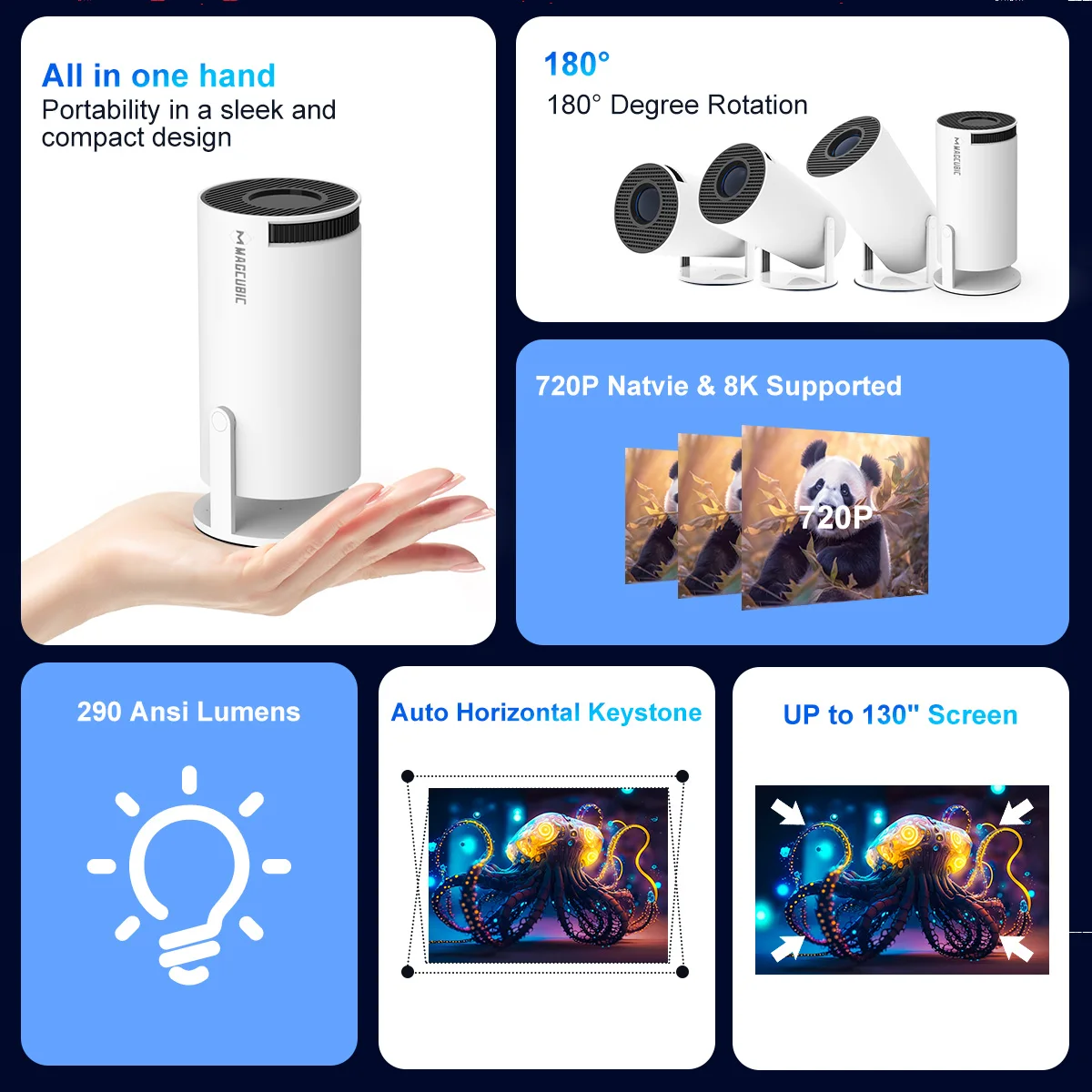 Proyector Magcubic 8K HD Android14 HY300 Pro Wifi6 290ANSI Allwinner H726 BT5.4 1080P 1280*720P Cine Portátil para Exteriores